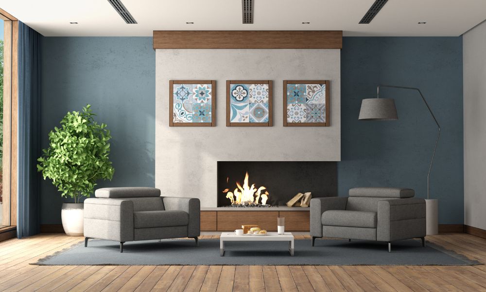 L-Shaped Living Room With A Corner Fireplace