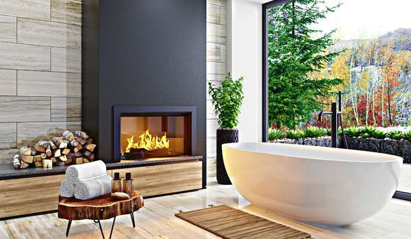 Bathroom Window with Fireplace Offers Light and Ventilation