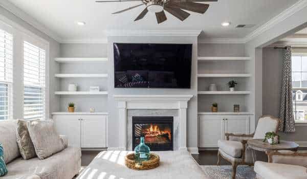Fireplace glass shelves living room