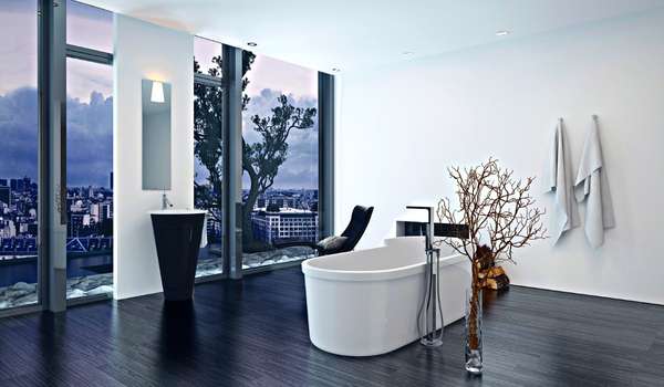 Modern Bathroom Features Spa-Like Elegance and Black Windows